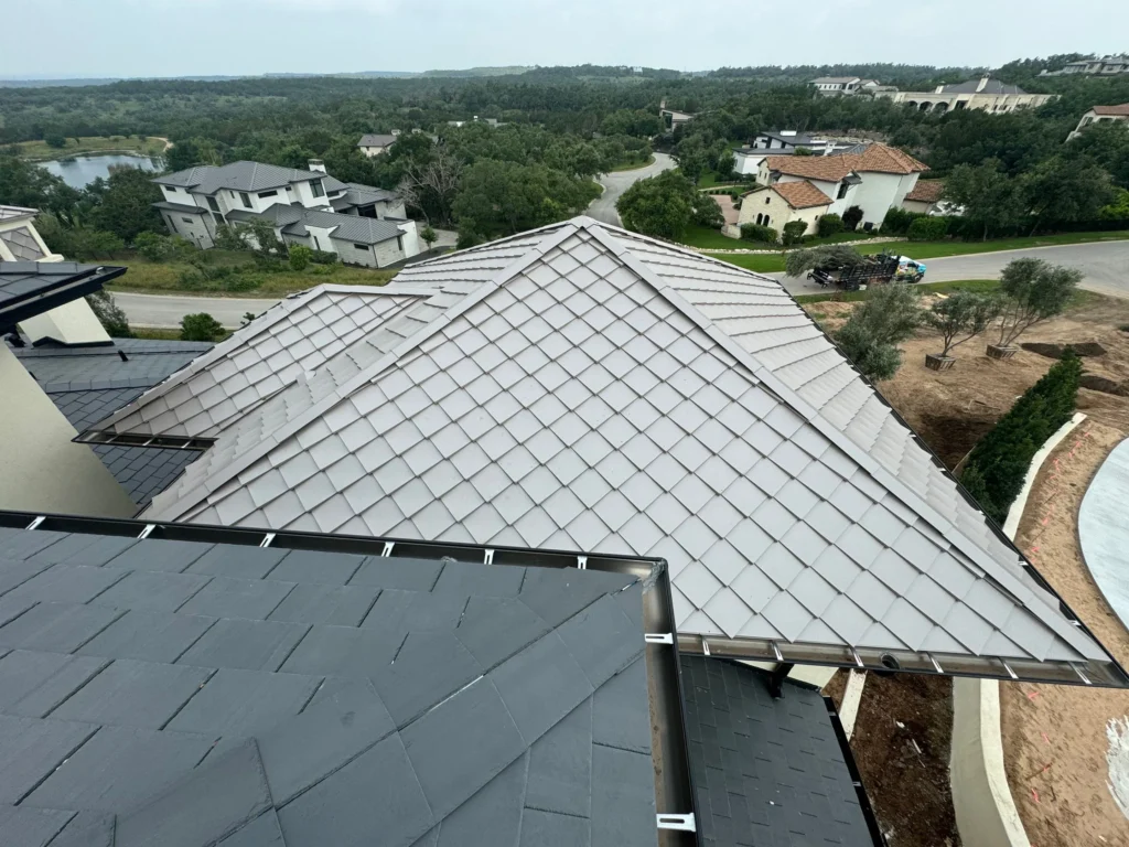 Aerial view of residential roofing project